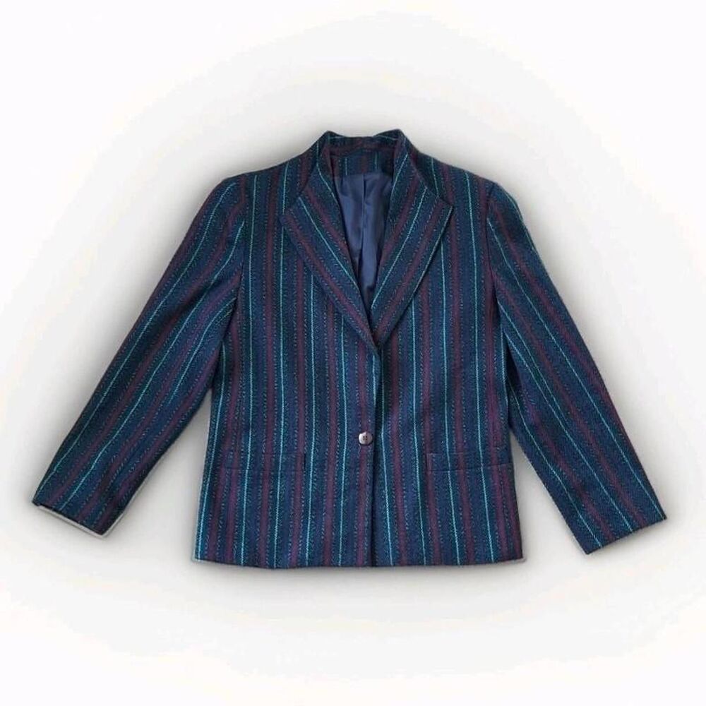 Vintage 80s Michelle Stuart Blue, Red, and Teal Vertical Striped Blazer